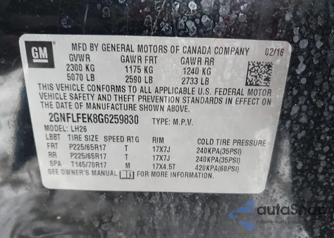 2016 Chevrolet Equinox Lt from USA, damaged, VIN 2GNFLFEK8G6259830